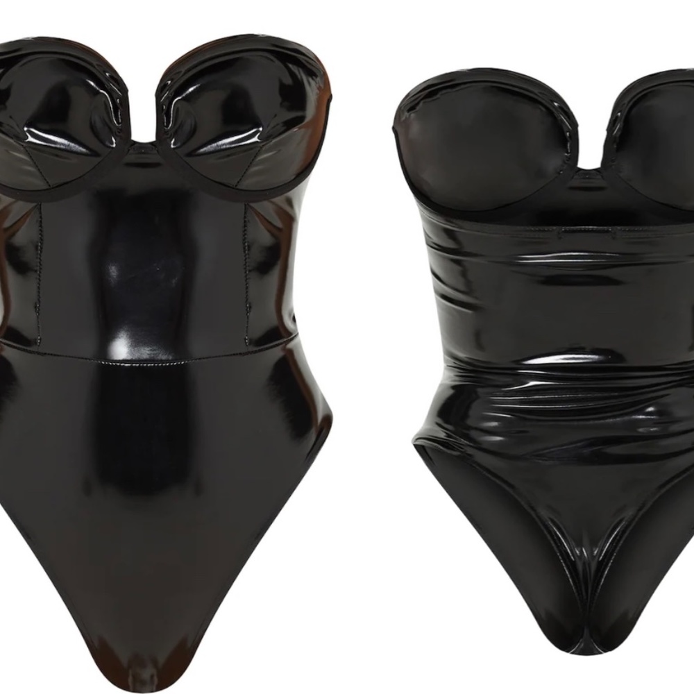 Black vinyl bodysuit